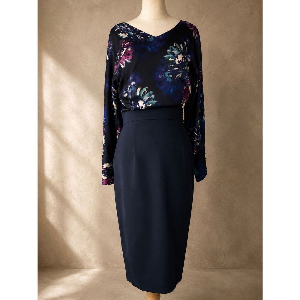 Ellen Tracy Sz 8 Navy Floral Cocktail Dress